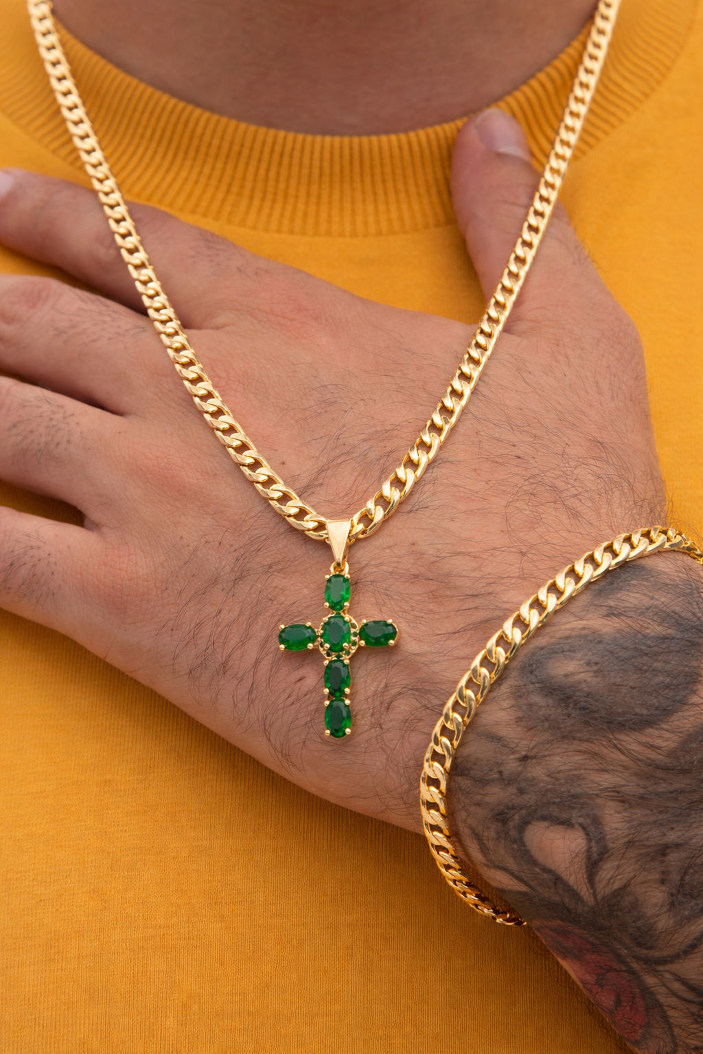 Cadena Cubana Gruesa 60cm + Cruz Sagrada Verde + Pulsera GRATIS🎁