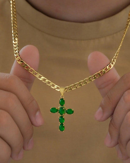 Cadena Cubana Gruesa 60cm + Cruz Sagrada Verde + Pulsera GRATIS🎁