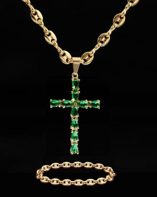 Cadena Eslabón Marino 60cm + Dije Placa Cruz Sagrada + Pulsera GRATIS🎁