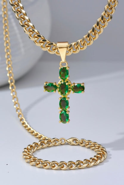 Cadena Cubana Gruesa 60cm + Cruz Sagrada Verde + Pulsera GRATIS🎁